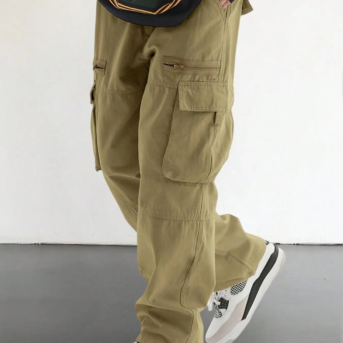 Men's Plain Loose Fitting Drawstring Waist Casual Cargo Pants, Loose Street Fashion Zipper Casual Slant Pocket Trousers, Pants for Men, Summer Work Outfits, Men's Bottoms, Casual Streetwear Trousers, Adjustable Waist Pants