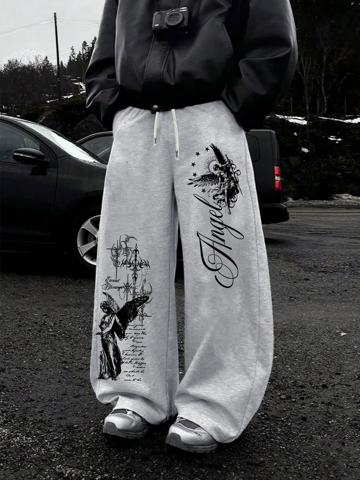 Dark Punk Angel Sword Printed Wide Leg Pants, High Street Drawstring Loose Straight Leg Sweatpants, Casual Lounge Pants for Men and Women, Unisex Spring & Fall Casual Fitted, Casual Streetwear Trousers, Autumn Casual Pants