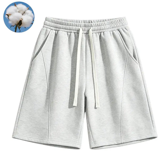 Men's Cotton-Polyester Knitting Fabric 7-in H-Type Cut Loose Active Sweat Shorts - Plain, Soft, Breathable, Anti-Wrinkle, Sweat-Absorbing Above-the-Knee Summer Casual Menswear Bottoms