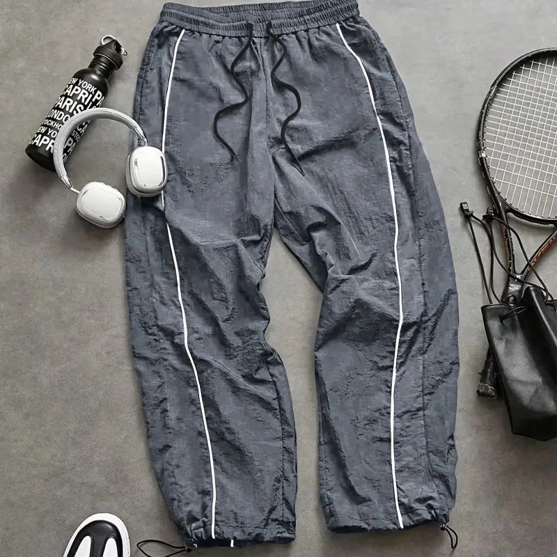 Men's Lightweight Breathable Wide Leg Pants - Reflective Stripe Casual Track Pants with Adjustable Drawstring & Cuffs