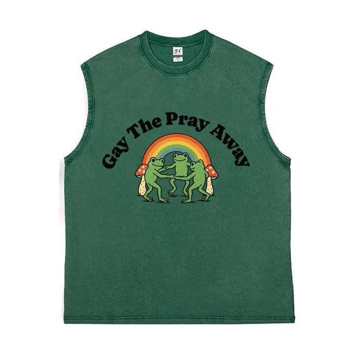 Vintage Washed Sleeveless Tank Top - 100% Cotton Casual Streetwear, Relaxed Loose Fit, Distressed Retro Muscle Tee with Rainbow Dancing Frog Mushroom Cartoon Print for LGBTQ Pride, Summer