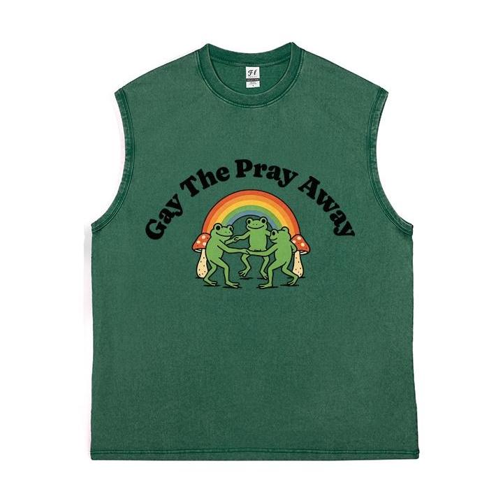 Vintage Washed Sleeveless Tank Top - 100% Cotton Casual Streetwear, Relaxed Loose Fit, Distressed Retro Muscle Tee with Rainbow Dancing Frog Mushroom Cartoon Print for LGBTQ Pride, Summer