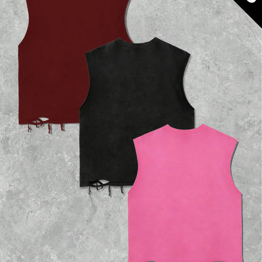 Summer Unisex Graphic Vest Set, Loose-Fit Sleeveless Top, Rivet Design & Ripped Hem, Casual Streetwear, 3-Piece, Graphic Print Vest