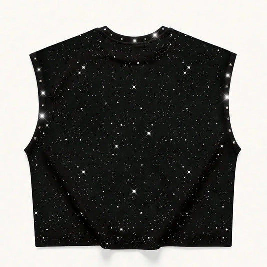 Men's Dark Angel Print Rivet Rhinestone Sleeveless Graphic Vest, Vintage Splatter Loose Fit, Summer Streetwear, Slimming and Versatile