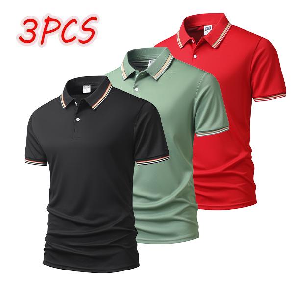 3-pack men's polo shirts with striped collar and cuffs, available in multiple color combinations, perfect for business and casual wear