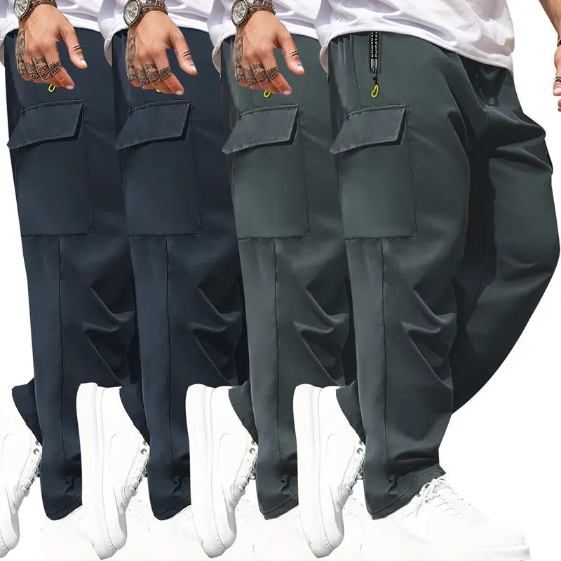 Men's High-Waisted Camouflage Cargo Pants - Slim-Fitted Cut Activewear with Zipper Pockets, Synthetic Fabric for Casual Wear, Workouts