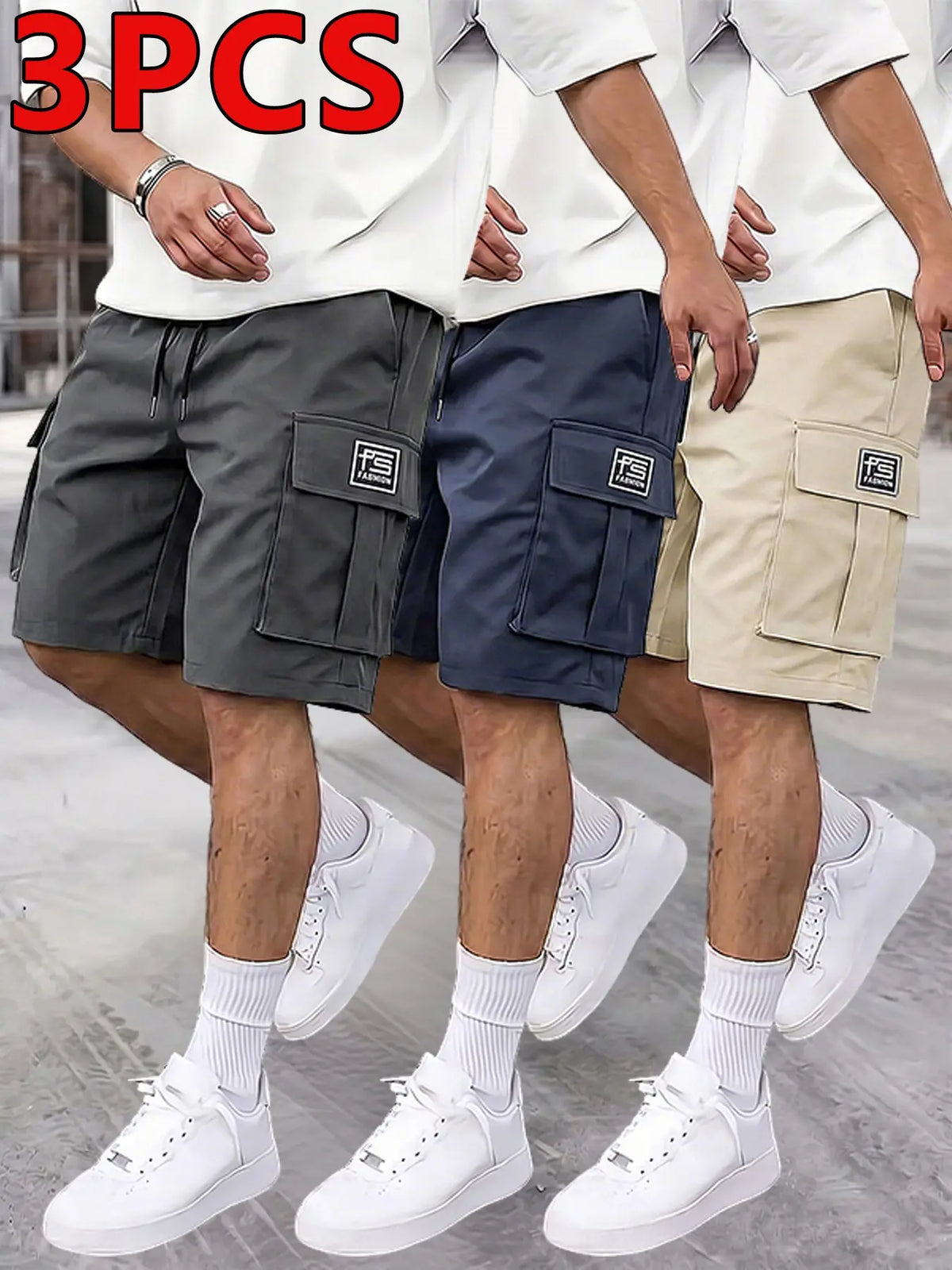 Men's 3-Pack Practical Loose Cargo Shorts with Pockets, Large Side Pockets, Drawstring Waist, Casual Athleisure Street Style, Sportswear, Geometric, Summer Outdoor Sports