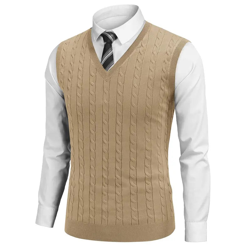 COOFANDY Menswear Men's V-Neck Slim-Fit Ribbed Cable-Knitted Sleeveless Pullover Sweater Vest, Stretchable Soft Lightweight Polyester Fabric, Machine Washable US Sizes, Formal-Casual Thermal Tops for Business Office