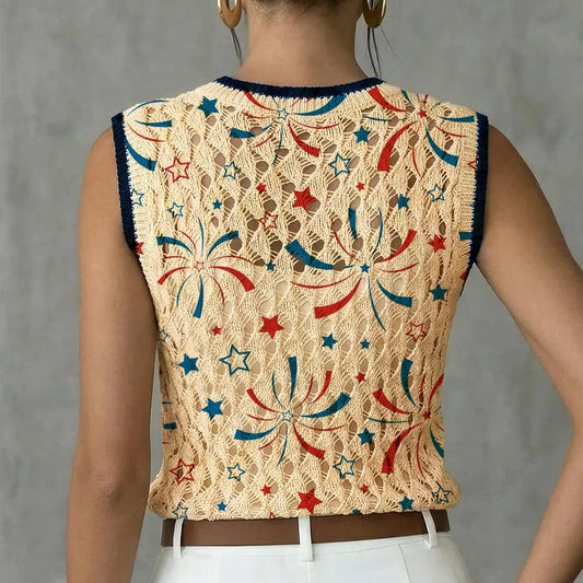 Women's Elegant Fireworks Star Independence Day Print Round Neck Sweater Vest, Casual Sleeveless Knit Top, Breathable Summer Clothing