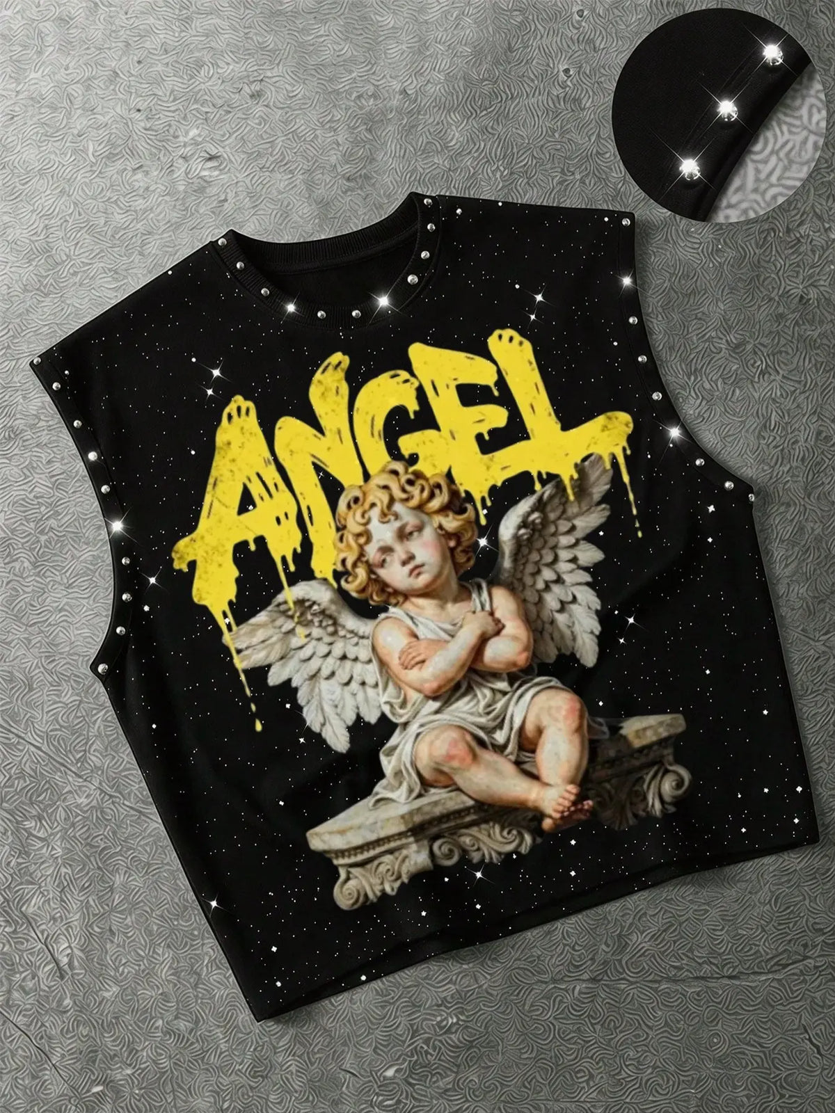 Men's Dark Angel Print Rivet Rhinestone Sleeveless Graphic Vest, Vintage Splatter Loose Fit, Summer Streetwear, Slimming and Versatile