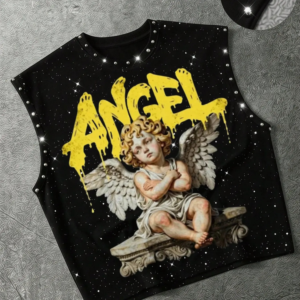 Men's Dark Angel Print Rivet Rhinestone Sleeveless Graphic Vest, Vintage Splatter Loose Fit, Summer Streetwear, Slimming and Versatile