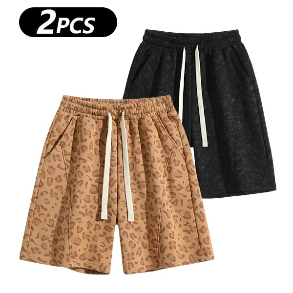 Men's Cotton Blend Sweat Shorts Casual Athletic Lounge, Loose Fit Drawstring with Pockets, Leopard Print Acid Wash, for Summer Workouts, Streetwear & Gym-to-Lounge