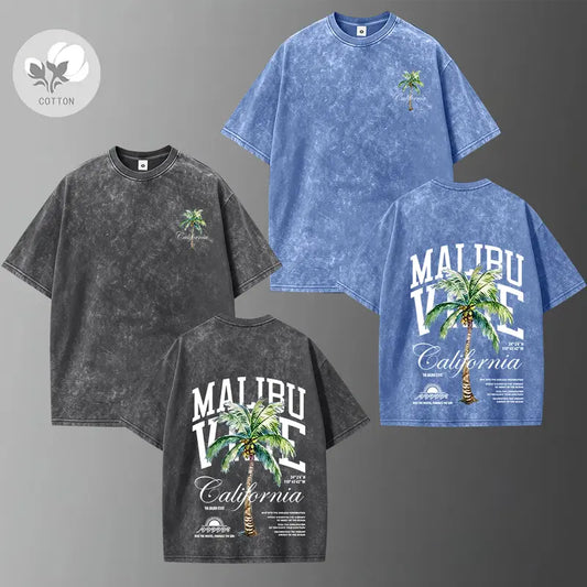 Men’s Retro Street Style Lightweight Cotton Short-Sleeve T-Shirt - Palm Tree Print, Washed Distressed Design, Good Graphic Tees - Suitable for Casual Wear, Sports - Ideal Summer Gifts for Him, Tops, Shortsleeve