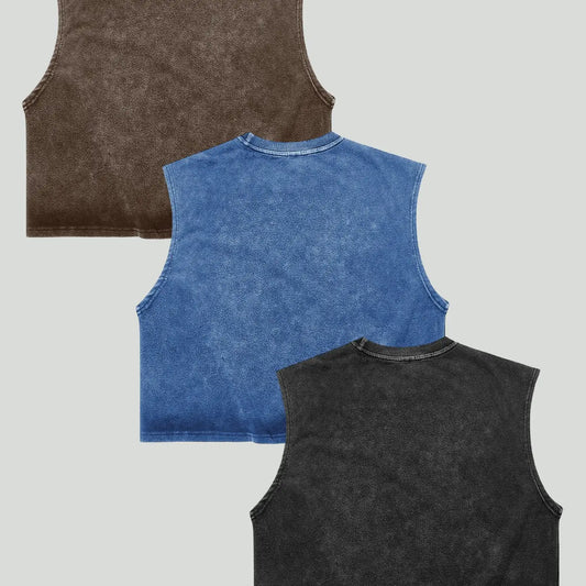 Unisex 3-Piece Washed Graphic Vest Set, Vintage Distressed Print & Wide Shoulder Design, High-Quality Cotton Loose Fit Multi-Color