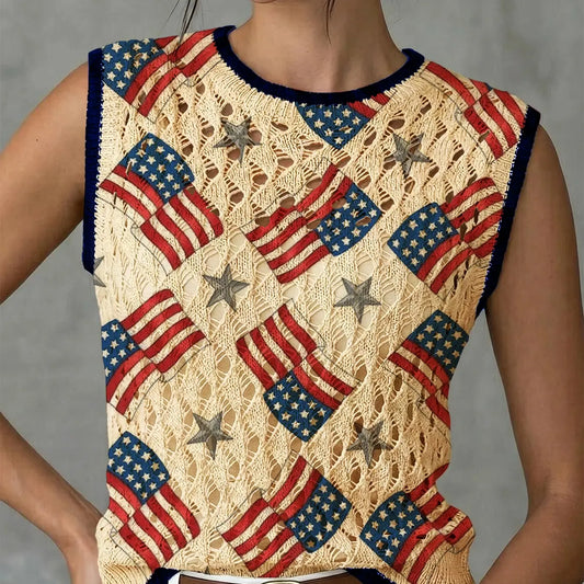 Women's Independence Day Flag Star Print Round Neck Sweater Vest, Casual Sleeveless Knit Top, Breathable Summer Clothing