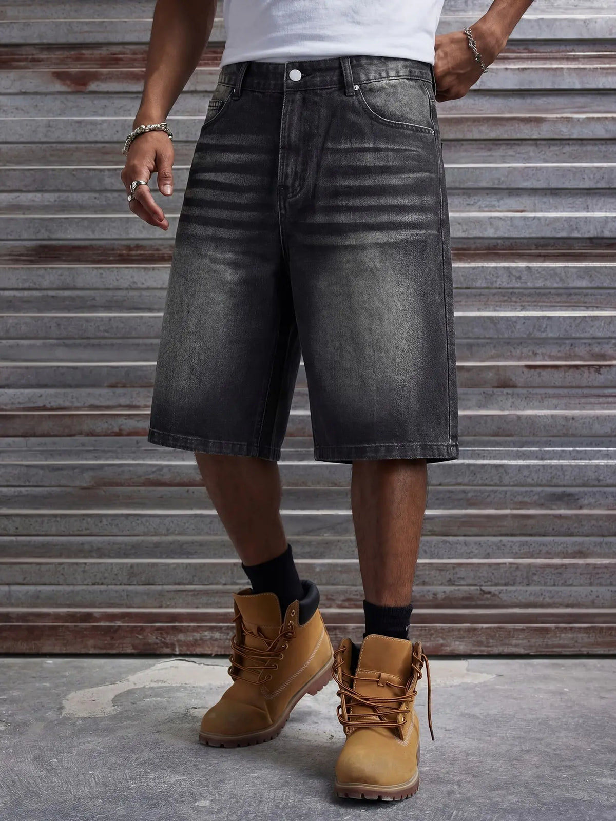 Men's Loose Fit Oversize Wide Leg Casual Fashion Denim Shorts, Classic Street Style, Plain Color with Pocket Design