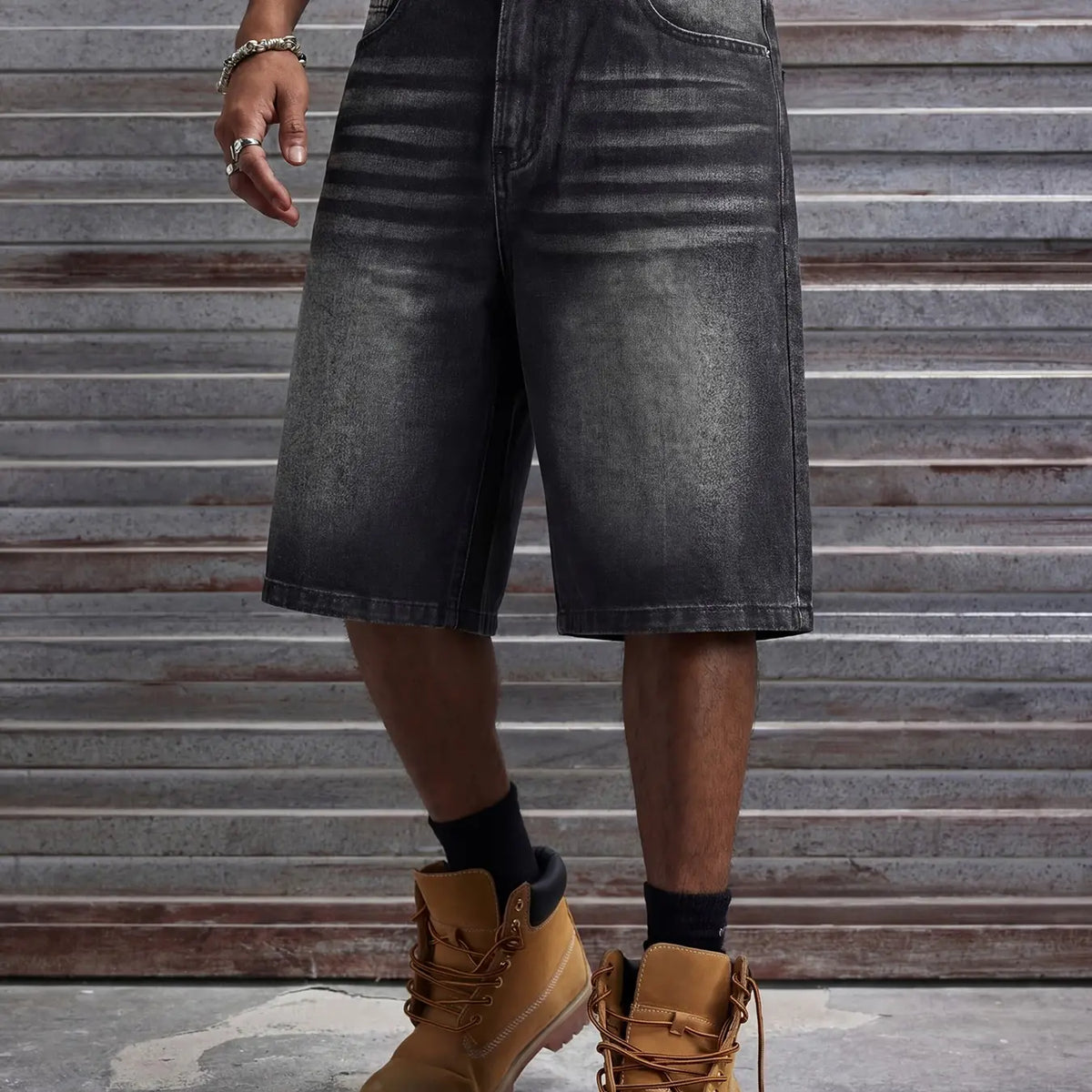 Men's Loose Fit Oversize Wide Leg Casual Fashion Denim Shorts, Classic Street Style, Plain Color with Pocket Design