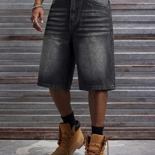 Men's Loose Fit Oversize Wide Leg Casual Fashion Denim Shorts, Classic Street Style, Plain Color with Pocket Design