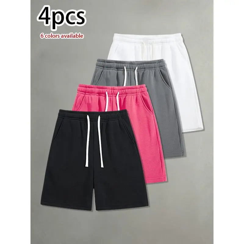Pack of 4 men’s casual shorts featuring a drawstring waist; skin-friendly, breathable, and versatile. Summer loose fit for everyday wear, leisure, sports, and fitness.summervibes
