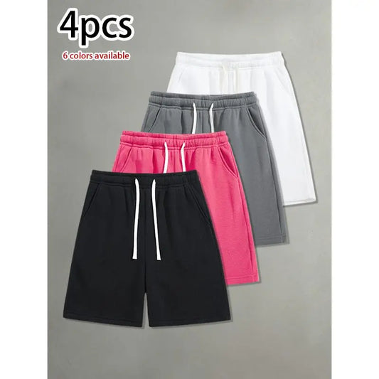 Pack of 4 men’s casual shorts featuring a drawstring waist; skin-friendly, breathable, and versatile. Summer loose fit for everyday wear, leisure, sports, and fitness.summervibes