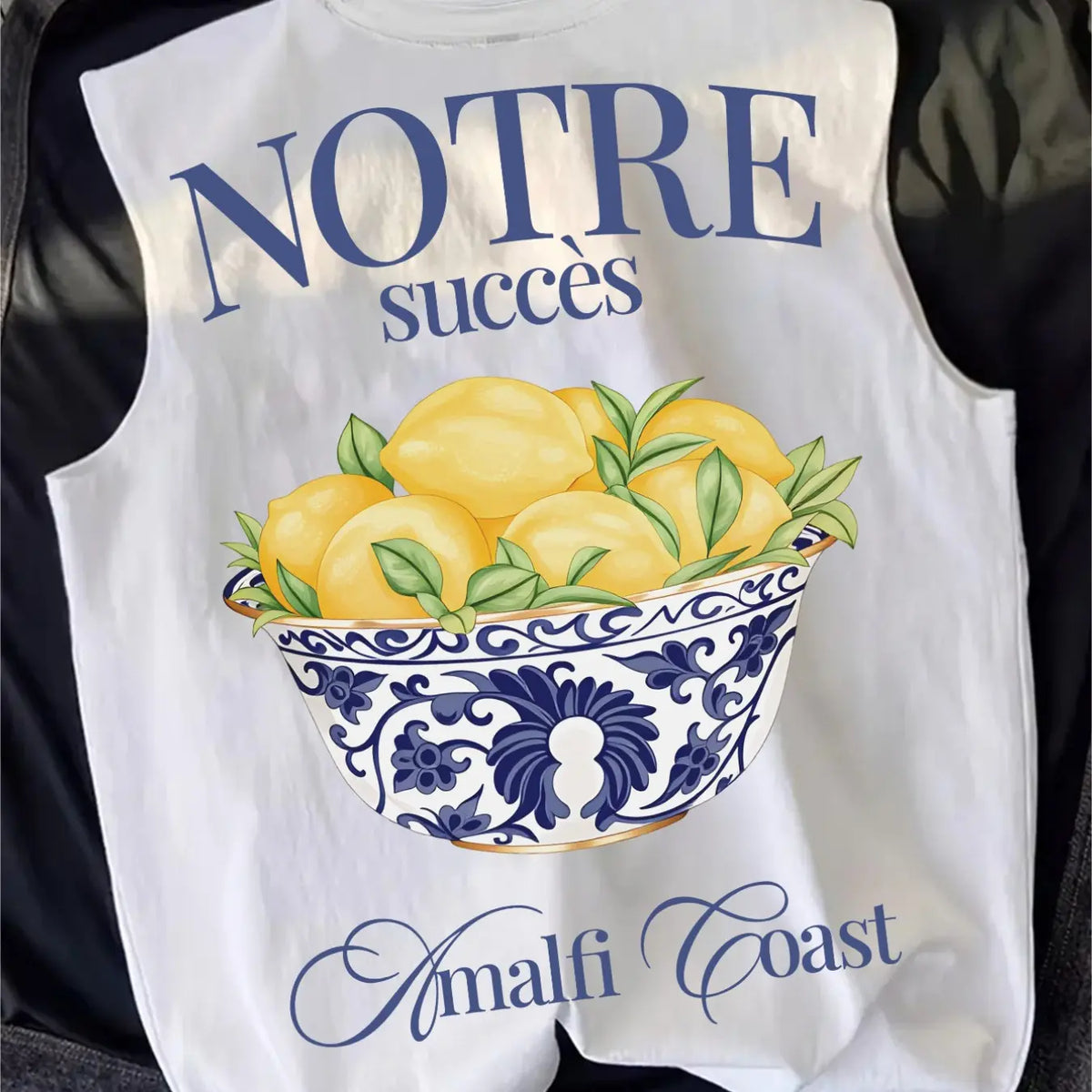 2026 New Trendy Mediterranean Lemon Bowl Print Sleeveless Vest, Front Back Split Design, French Slogan, Loose Fit for Vacation Wear