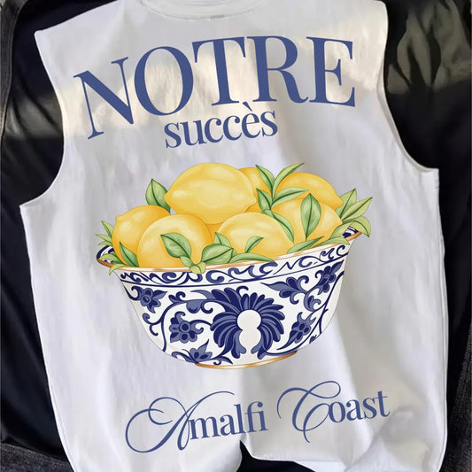 2026 New Trendy Mediterranean Lemon Bowl Print Sleeveless Vest, Front Back Split Design, French Slogan, Loose Fit for Vacation Wear