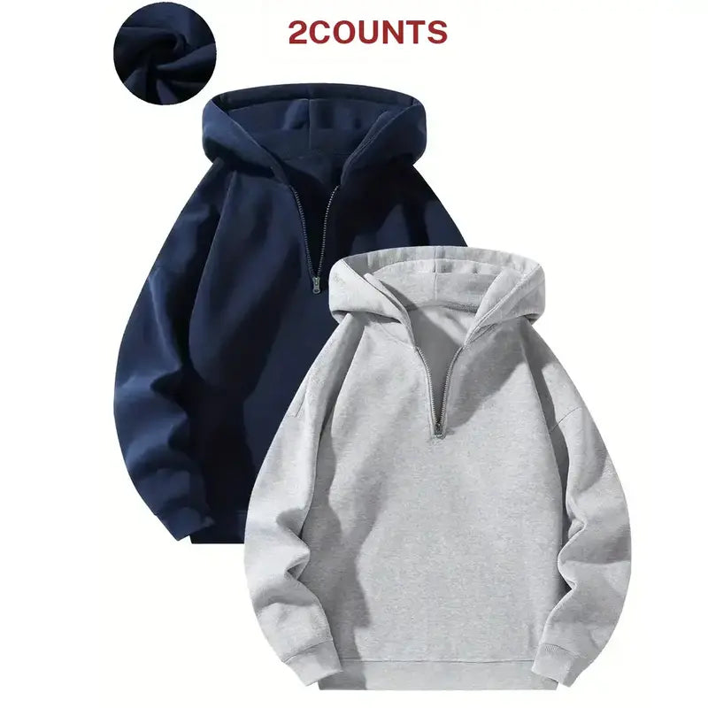Men’s essential half-zip long-sleeve hoodie — solid color, comfortable, relaxed drop-shoulder fit, loose silhouette, casual street style, 100% polyester fiber, suitable for autumn, modern fashionable men’s top, solid-color men’s sweatshirt