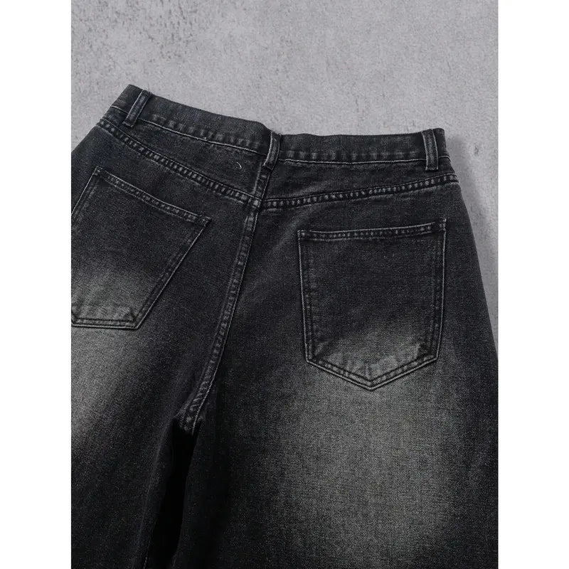 Men's Y2K Distressed Flame Baggy Jeans - Menswear Retro Casual Swag Clothes Products, Vintage Washed Black Denim, Frayed Patchwork, Streetwear Wide Leg Pants for Concert, Festival