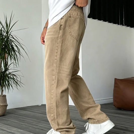 European and American Classic Style Clean Fit Casual Fashion Denim Jeans, Vintage Washed Loose Straight Leg Pants, Casual All-Season Wear
