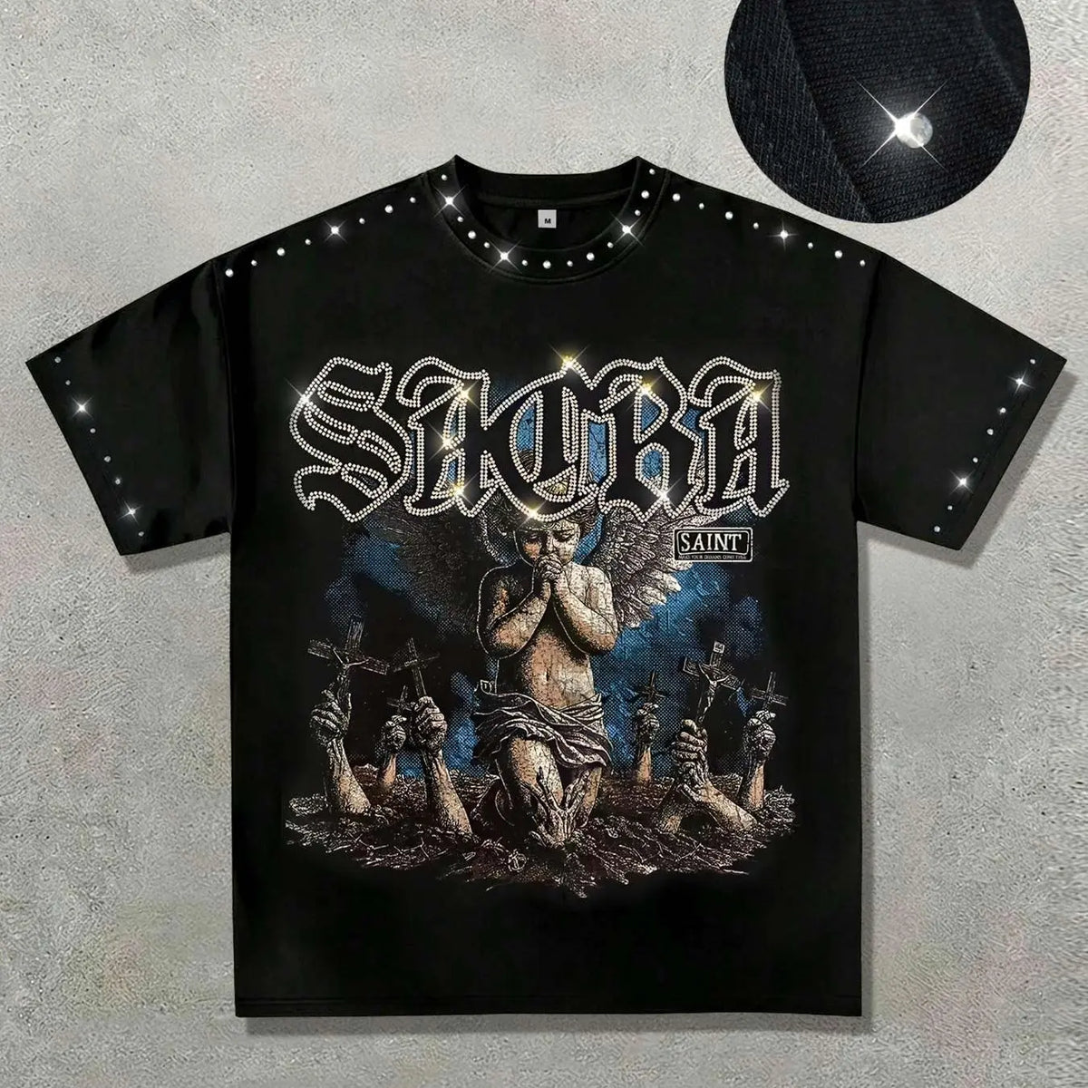 Men's Blessed Rhinestone-Collar Cotton T-Shirt, Fashion Dark Angel Graphic Print Round-Neck Top, Casual Streetwear, Vintage Retro Style Short-Sleeve Shirt, Casual Graphic Tee