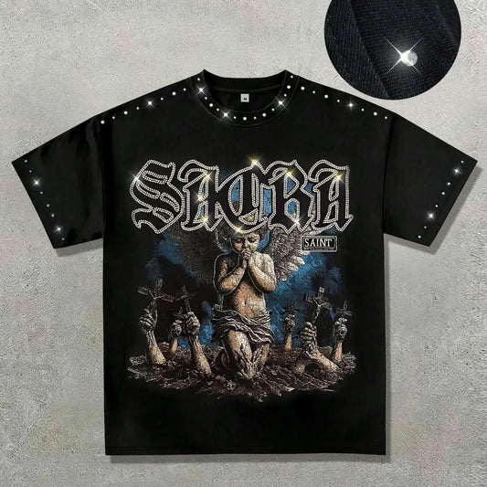 Men's Blessed Rhinestone-Collar Cotton T-Shirt, Fashion Dark Angel Graphic Print Round-Neck Top, Casual Streetwear, Vintage Retro Style Short-Sleeve Shirt, Casual Graphic Tee