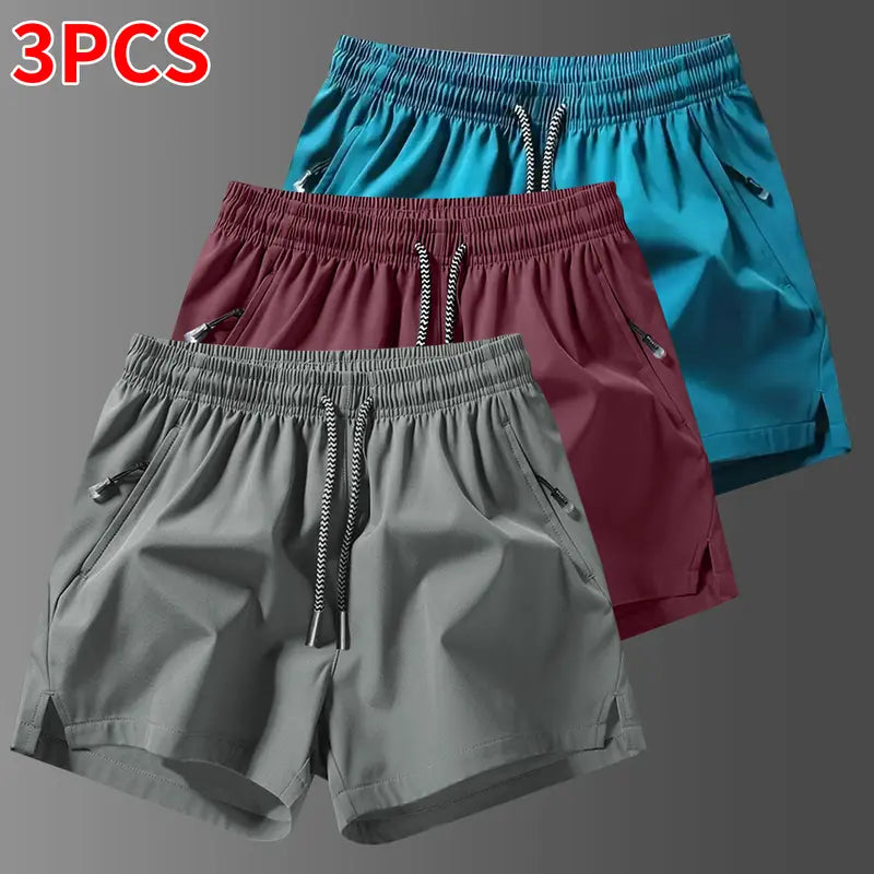 Men's 3-Counts Plain Solid Drawstring Shorts - Male Clothing, Drawstring Hold Fit, Casual Athletic Men's Shorts, Zipper Pockets, Chic Preppy Fitted Cut, Breathable Elastic Waist, Machine Washable Athleisure Bottoms, Athleisure to Beach