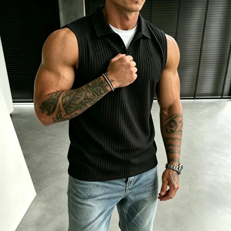 Summer solid-color sleeveless polo shirt for men, simple turn-down collar design, casual style, plus size, everyday top