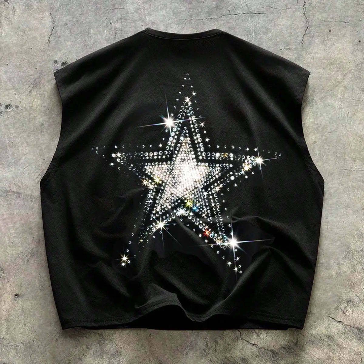 Sleeveless short loose vest, made of fully polyester breathable fabric, with hot-fix rhinestone craftsmanship, star pattern, suitable for parties, nightclubs, and daily wear in multiple scenarios, lightweight and breathable fabric