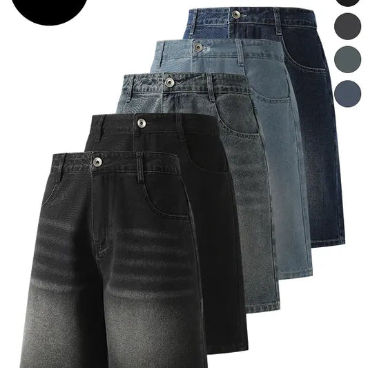 5-Pack Men’s Summer Knee-Length Denim Shorts — Trendy High-Street/Streetwear Athletic Casual Loose Fit, Ideal for Fitness and Running