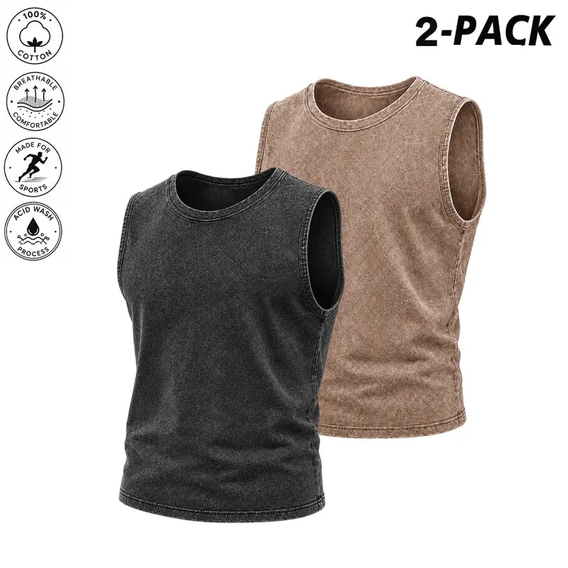 2-pack acid-wash tank tops — unisex sleeveless cotton muscle T-shirts and loose retro street-style cropped tops, suitable for summer layering and casual wear
