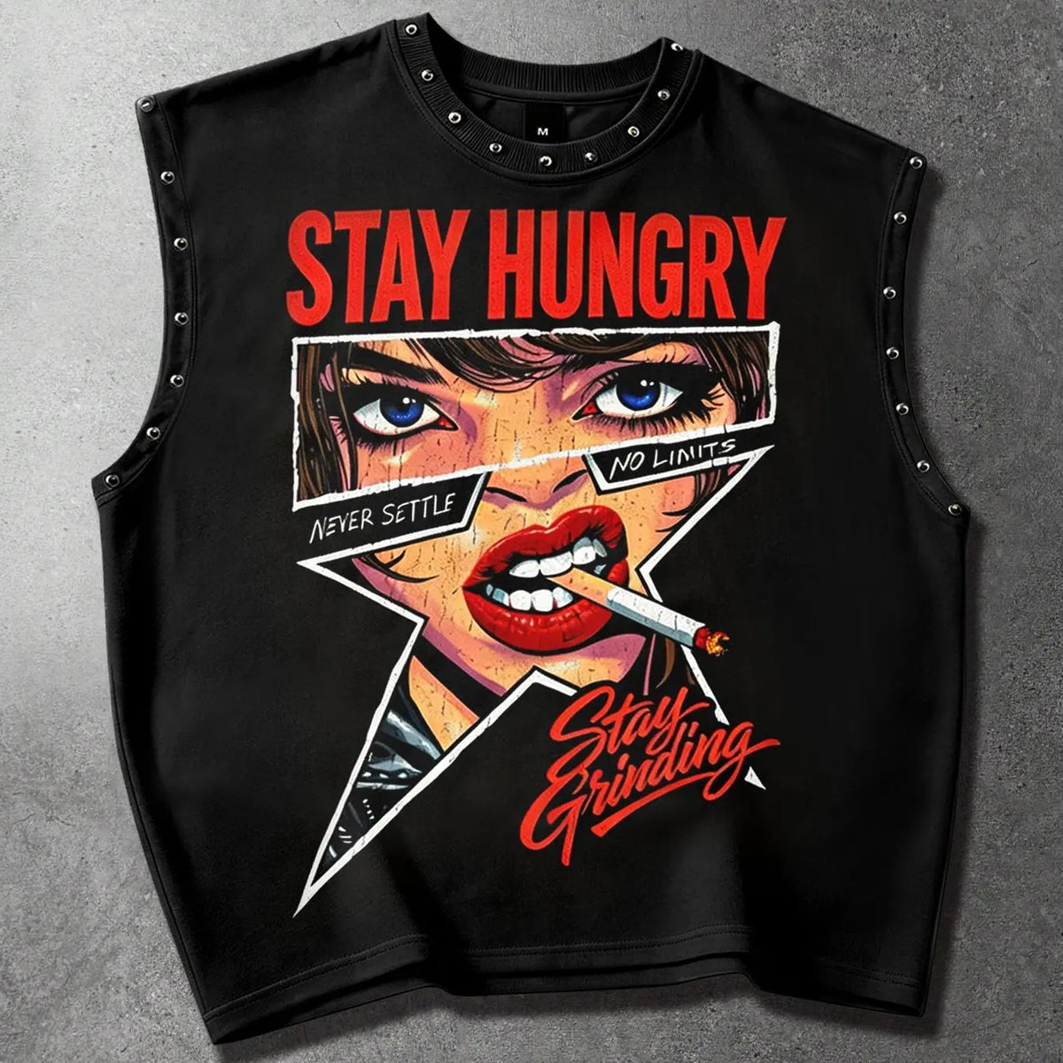 American street style comic book girl studded vest, retro slogan print men's vest, graphic print vest, unisex vest, loose sleeveless casual men's vest, everyday street style, Classic Tops