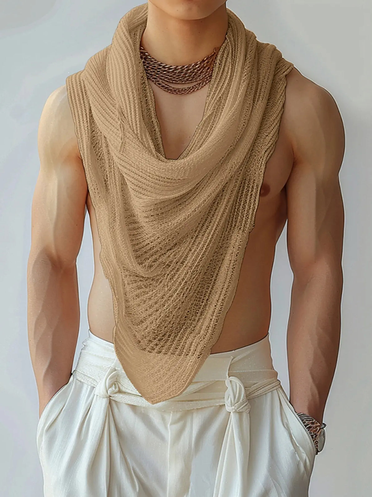 INCERUN Men's Fashion Casual Simple Textured Pointed Hem Sleeveless Tank Shirt, Suitable for Daily Wear, Comfortable and Stylish