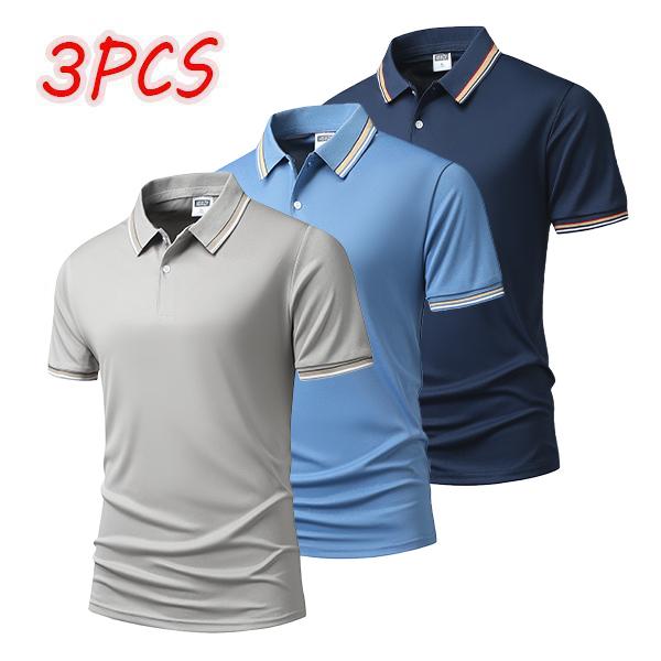 3-pack men's polo shirts with striped collar and cuffs, available in multiple color combinations, perfect for business and casual wear