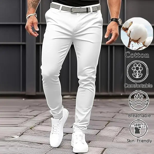 Men's Fitted Plain Cotton Pants - Soft High-Cotton Fabric, Clean White Wash, Tailored Slim-Fit Silhouette, Ideal for Smart Casual Menswear Outfits