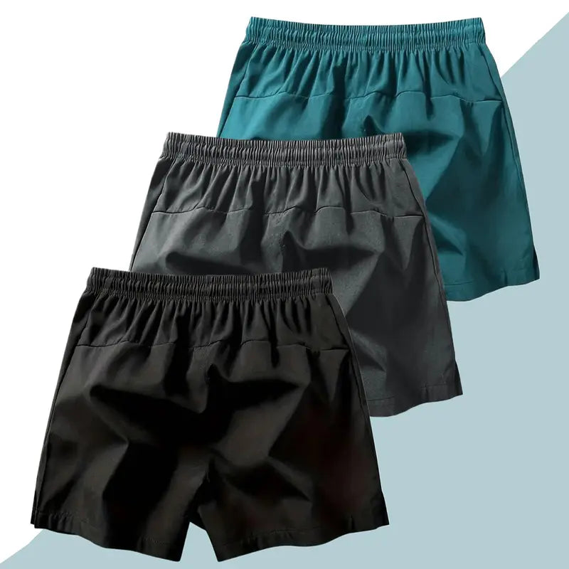 Men's 3-Counts Plain Solid Drawstring Shorts - Male Clothing, Drawstring Hold Fit, Casual Athletic Men's Shorts, Zipper Pockets, Chic Preppy Fitted Cut, Breathable Elastic Waist, Machine Washable Athleisure Bottoms, Athleisure to Beach