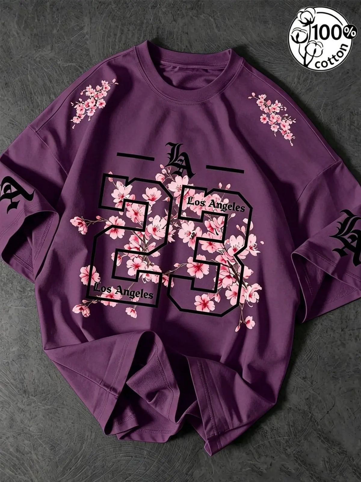 Unisex 100% Cotton Oversized Round Neck Aesthetic T-Shirt, Los Angeles 23 Gothic Cherry Blossom Print, Y2K Streetwear Top