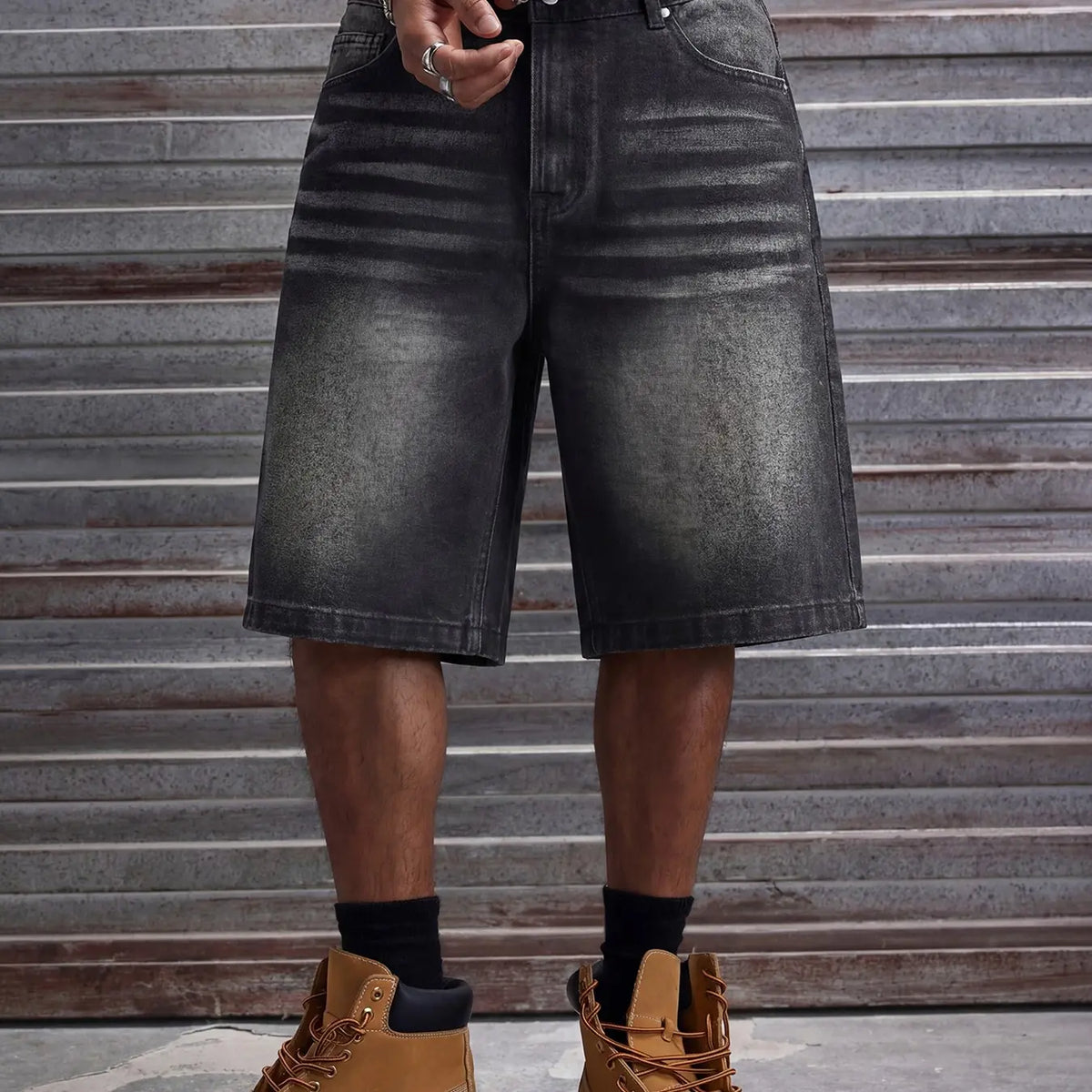 Men's Loose Fit Oversize Wide Leg Casual Fashion Denim Shorts, Classic Street Style, Plain Color with Pocket Design