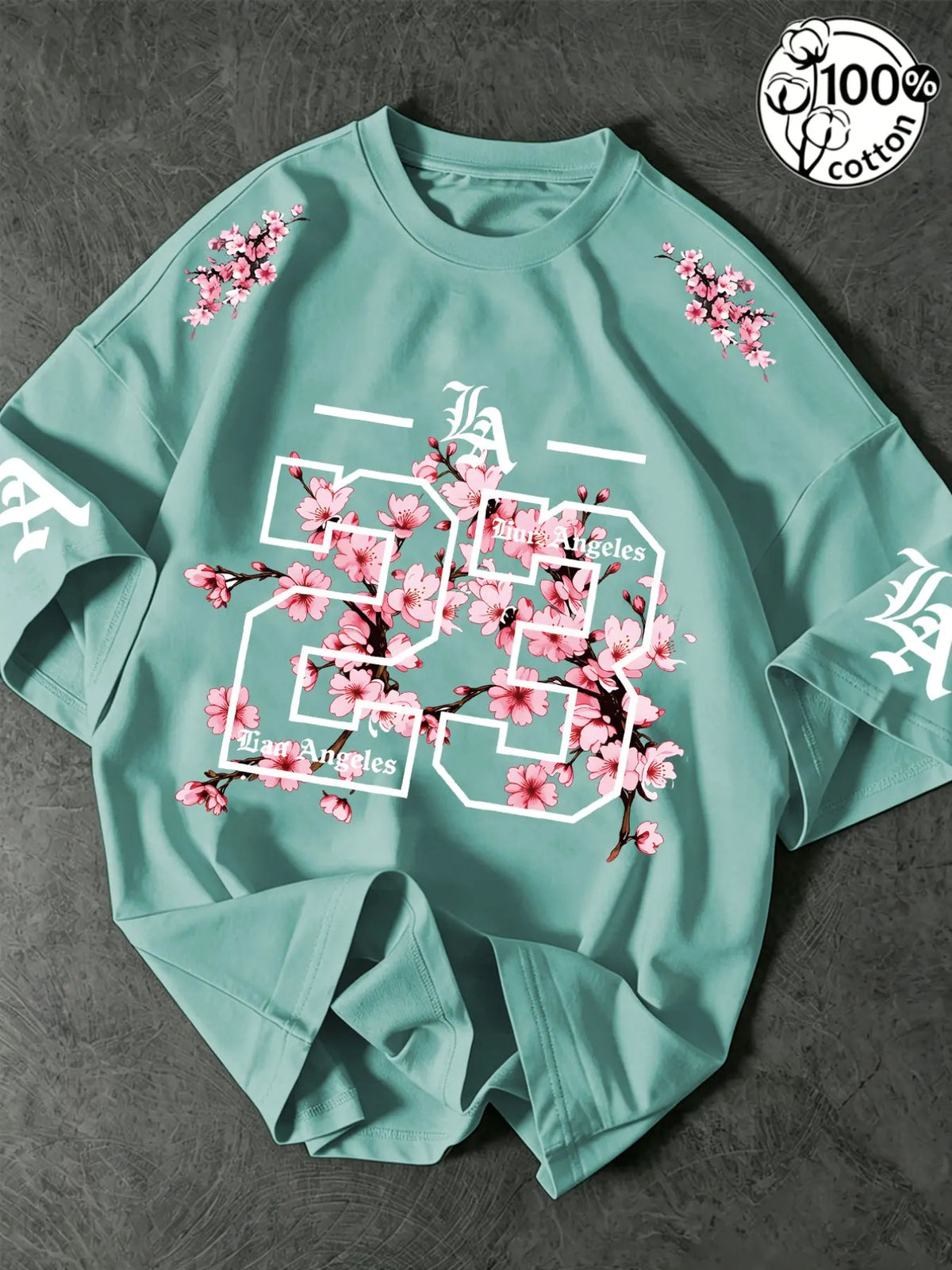 Unisex 100% Cotton Oversized Round Neck Aesthetic T-Shirt, Los Angeles 23 Gothic Cherry Blossom Print, Y2K Streetwear Top