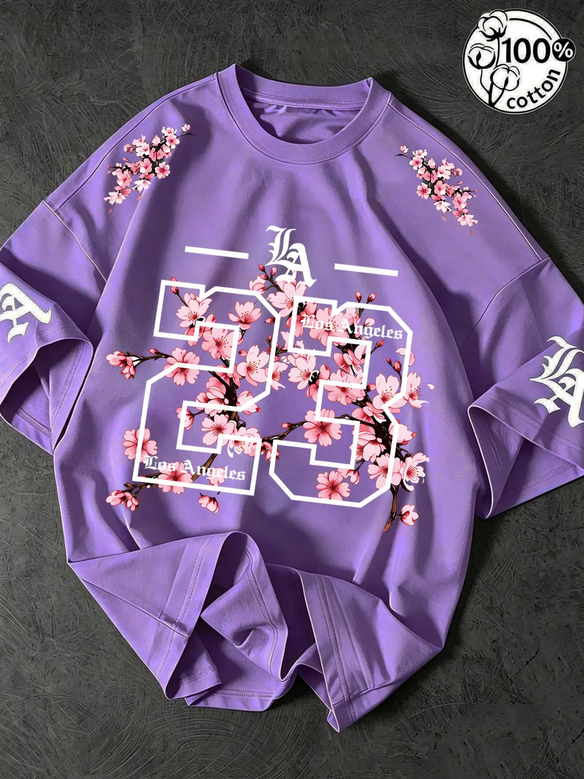 Unisex 100% Cotton Oversized Round Neck Aesthetic T-Shirt, Los Angeles 23 Gothic Cherry Blossom Print, Y2K Streetwear Top