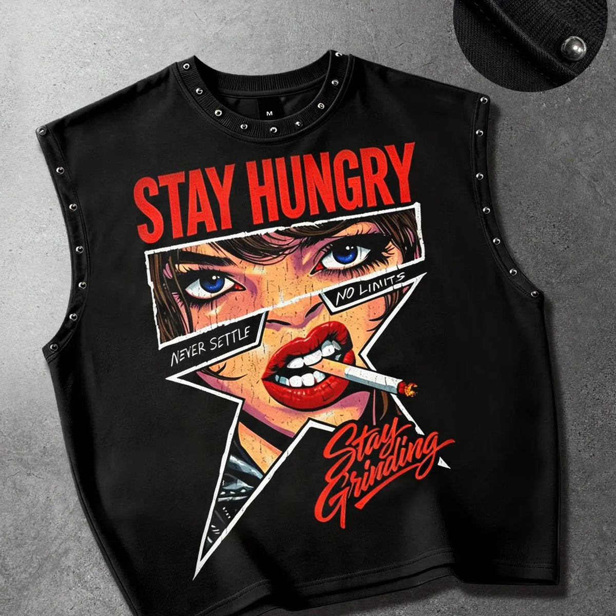 American street style comic book girl studded vest, retro slogan print men's vest, graphic print vest, unisex vest, loose sleeveless casual men's vest, everyday street style, Classic Tops