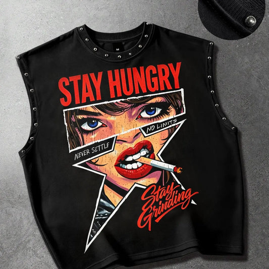 American street style comic book girl studded vest, retro slogan print men's vest, graphic print vest, unisex vest, loose sleeveless casual men's vest, everyday street style, Classic Tops