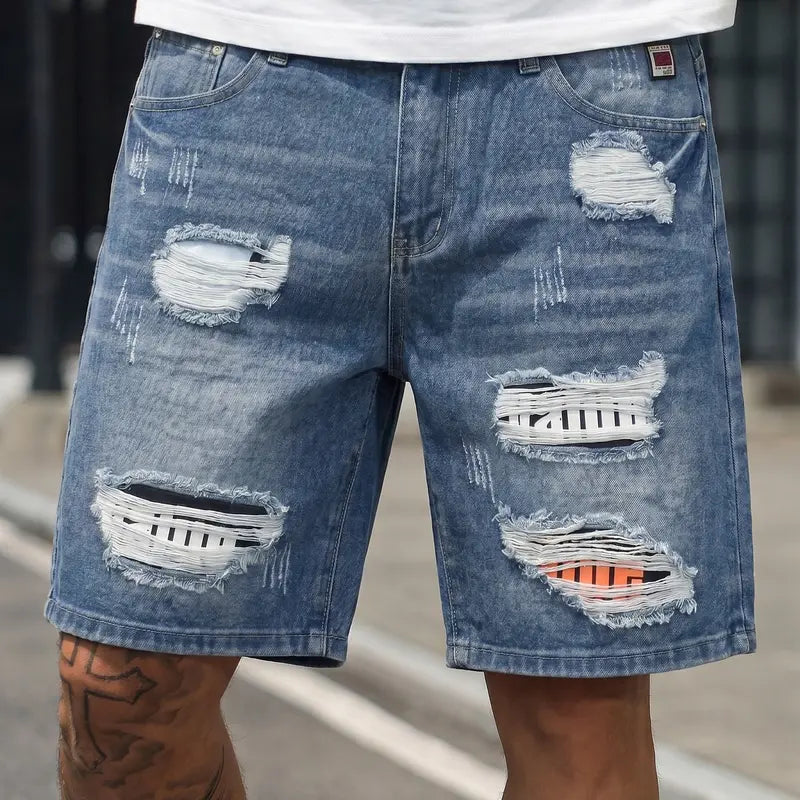 ZANTO Men's Classic Retro Ripped Patch Denim Shorts - Stylish Streetwear, Soft Breathable Fabric, Zipper, Graphic Accents, Pockets, Vintage Distressed Aesthetics, Sneakers-Compatible Casual Menswear Bottoms