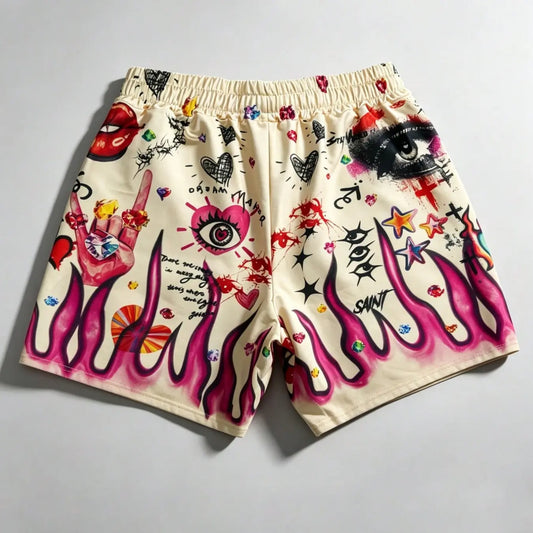 Unisex Y2K Eye & Flame Print, Summer Beach Shorts, European and American Fashion Trendy Outdoor Shorts, Casual Shorts, Shorts For Summer, Street Style 2026 Bottoms