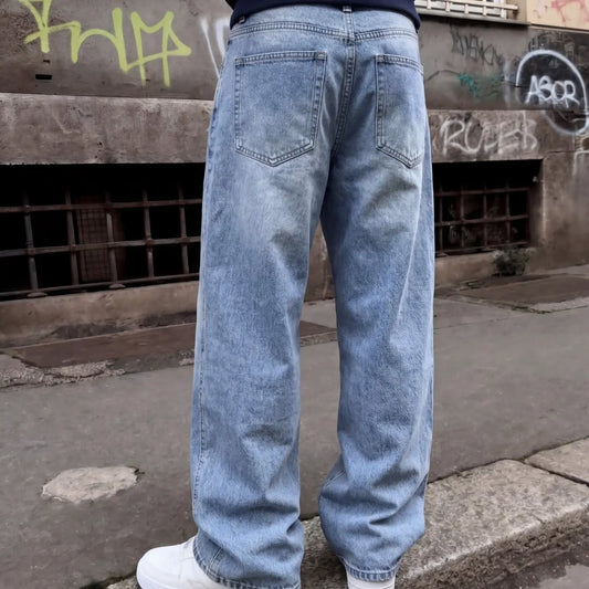 Men's Loose Fit Wide Leg Denim Jeans, Pants, Vintage Washed Button Fly, Natural Waist, Casual All-Season Streetwear, Suitable for Daily Wear